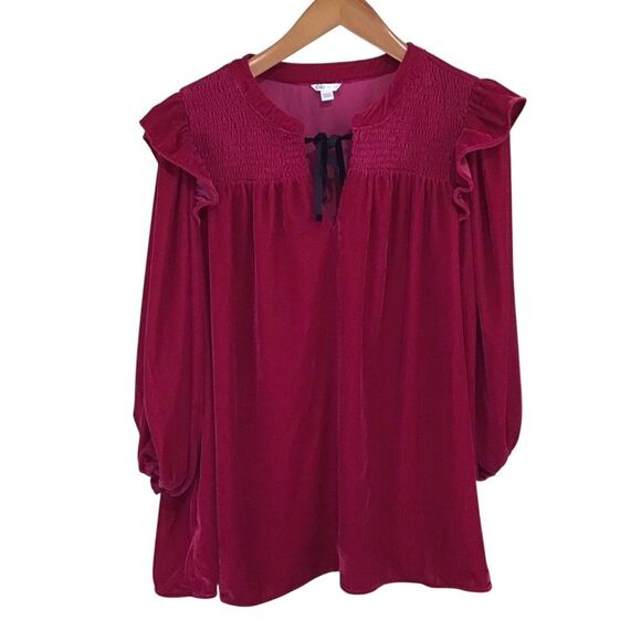 Cato Fuchsia Pink Velvet Ruffle Tie Neck Smocked Peasant Top 22/24W - Picture 1 of 8